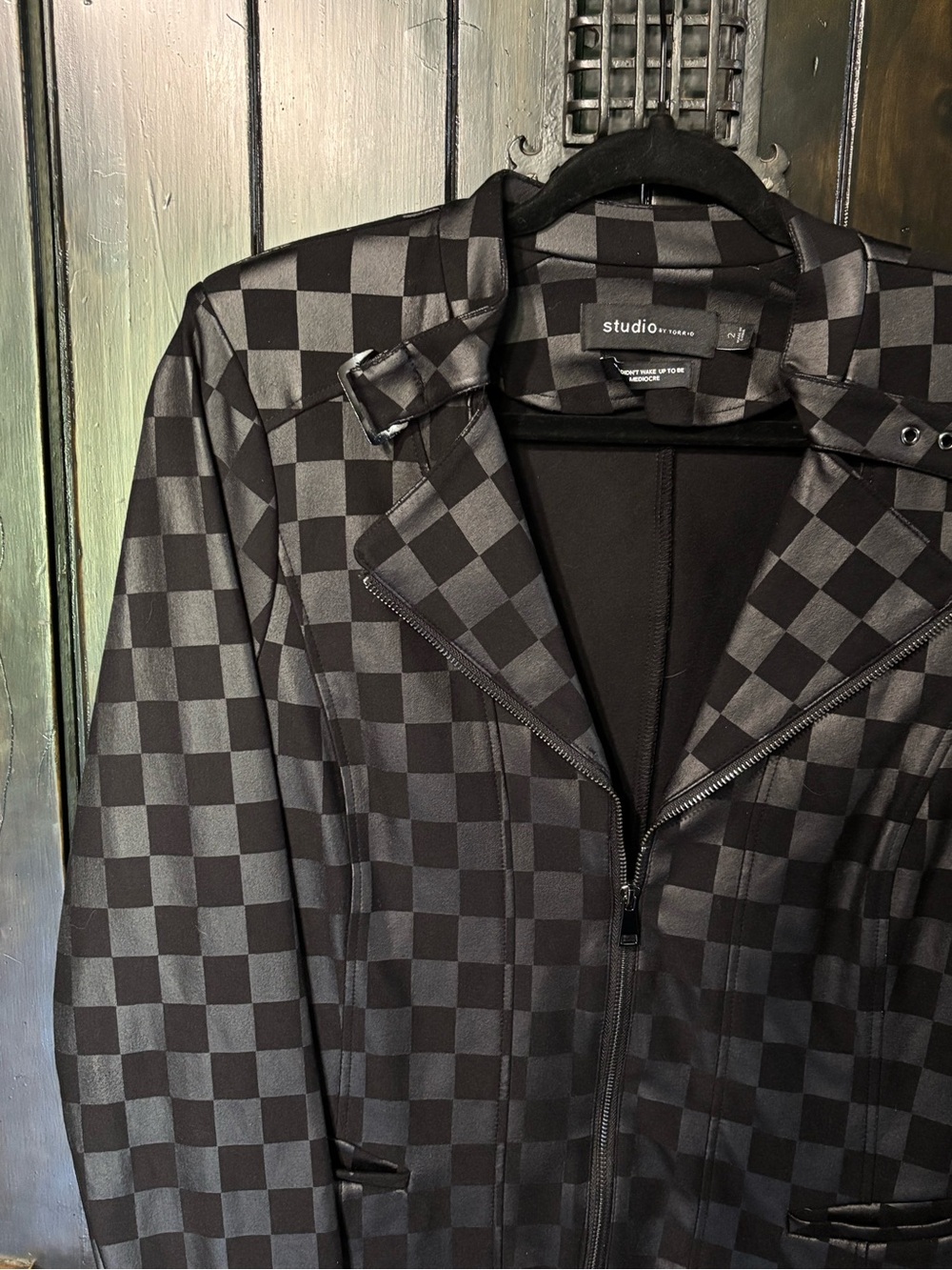 Black and silver grey checkerboard moto jacket torrid plus size 2